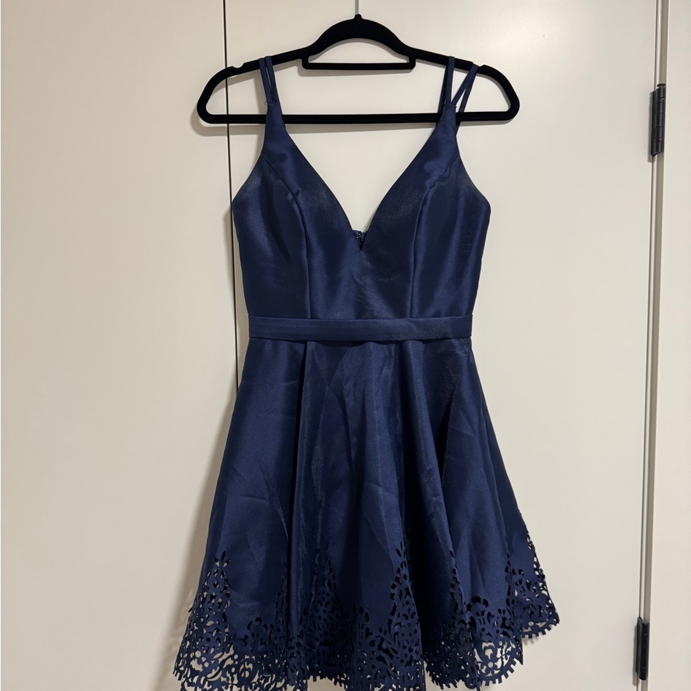 Navy Blue Sleeveless Dress with Lace Hem